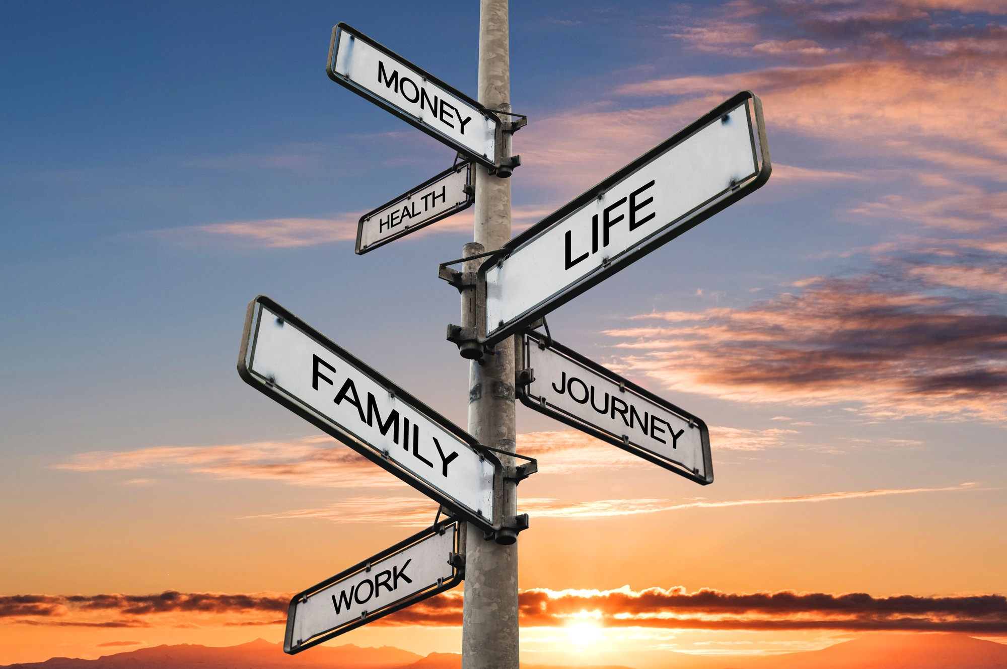 Life balance choices signpost, with sunrise sky backgrounds.